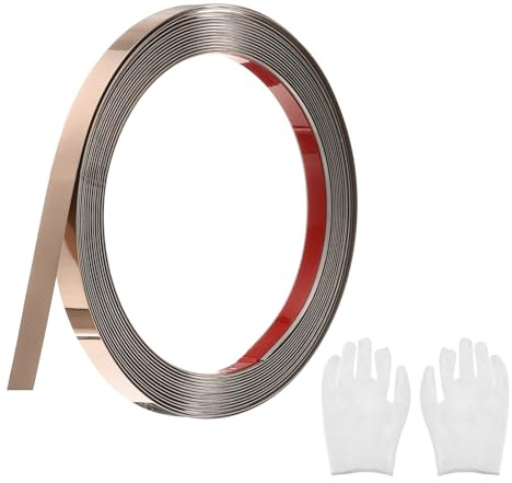 QUARKZMAN Baguette de Moulure Auto-Adhésive Or Rose 0,4 Pouce x 16,4 Pieds | Baguette en Acier Inoxydable Finition Brossé à Coller, avec Gants, Moulure Décorative pour Miroir Mural