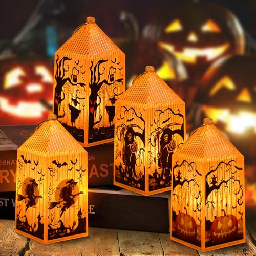 4 Piezas Farolillos Halloween, Luces Halloween con Motivos de Calabazas, Brujas, Esqueletos y Espantapájaros, Halloween Decoracion Interior Exterior