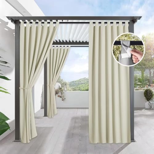 Tielag Wasserdichte Vorhänge für den Außenbereich, Pavillon-Vorhänge, Pergola-Vorhänge, Verdunkelung, Privatsphäre, Outdoor-Vorhang für Garten, Terrasse, Veranda, Pool, Creme, 132 × 183 cm, 1 Panel