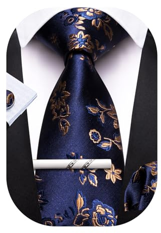 Barry.Wang Seiden-Krawatten Business mit Taschentuch und Manschettenknöpfen, Krawatten Set für festliche Hochzeit