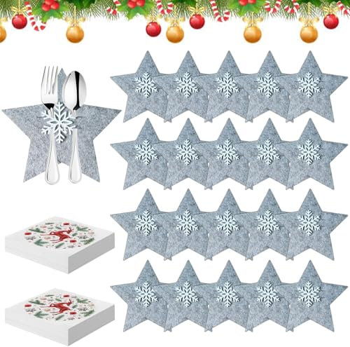 20 Stück Besteckhalter Weihnachten Filz Schneeflocke+20 Weihnachten Servietten,Weihnachts Bestecktasche Weihnachtssterne,Tischdeko Weihnachten,Weihnachtsbaum Bestecktaschen,Weihnachten Besteck Taschen