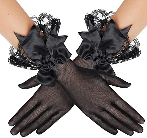 Blausky T黮l Handschuhe,Kurze Lace Handschuhe mit Schleifen,Vintage Spitzen Gloves,Brauthandschuhe,Spitzenhandschuhe,Damen Elegante Handaccessoires,Bogenhandschuhe,f黵 Hochzeit Abendessen,23 cm,Schwarz