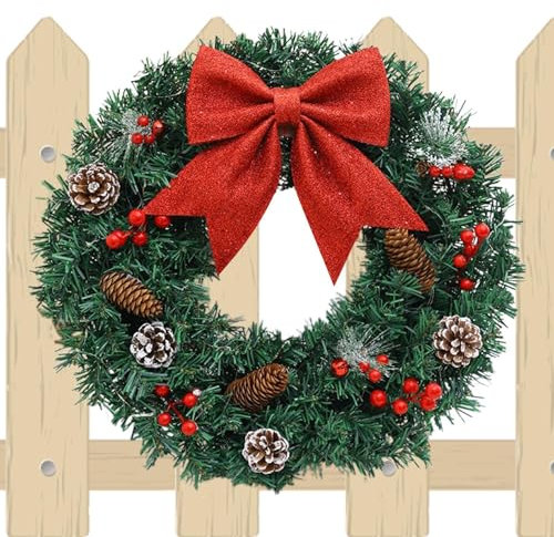 Weihnachtstürkranz, leuchtender, künstlicher Kiefernkranz, Feiertagsbeerenkranz, leuchtendes Design, künstliche Kiefernnadeln, einfach aufzuhängen, wetterbeständig, warme Beleuchtung für Zuhause