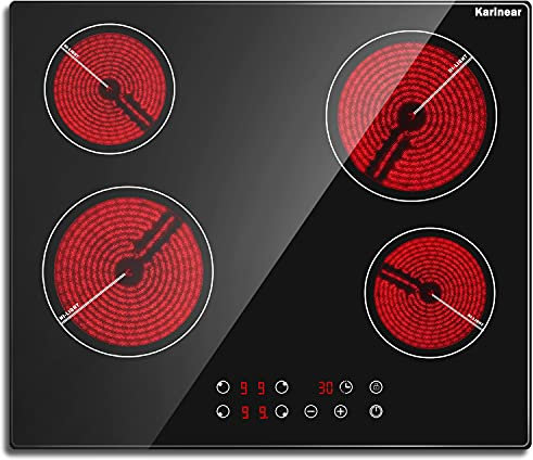 Karinear Piano Cottura Vetroceramica 4 Fuochi, 60cm Piano cottura Elettrico 4 Piastre da Incasso, 6000W Piastra con Blocco di Sicurezza per Bambini, Controllo del Timer, Design Avvolgente