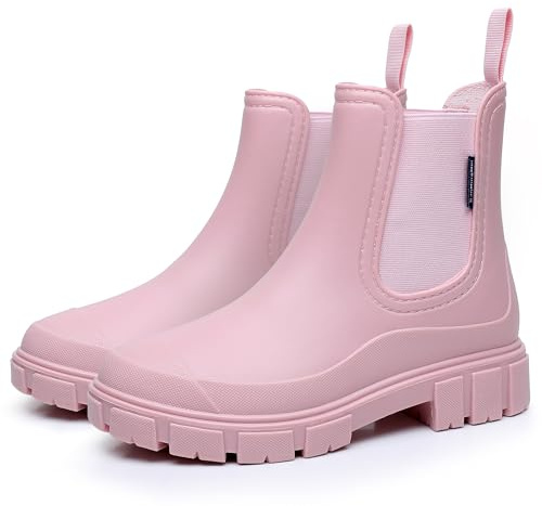 FOGOIN Wellington Boots Women Ankle Wellies Ladies Short Chelsea Booties Waterproof Rain Boots Slip-on Pink 7UK/41EU