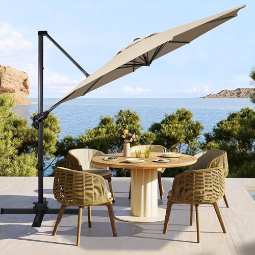 Sunnyglade 10Ft Cantilever Patio Umbrella, 360° Rotation & Integrated Tilting System Offset Umbrella with 8 Sturdy Ribs, Fade-resistant & Waterproof for Garden Backyard Poolside Deck (Tan, 10FT)