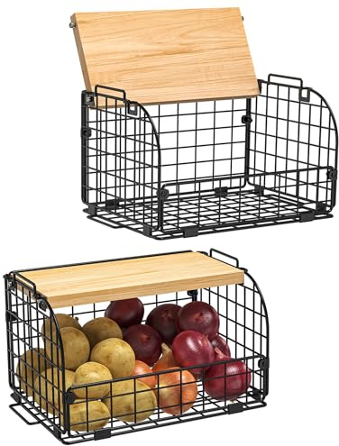 2 Set Stackable Wire Basket with Openable Top, Kitchen Counter, Pantry Organizer and Storage Produce Onion Potato Fruits Vegs Bread Food Snack Spice Organizing Bin for Cabinet Shelf Countertop Floor