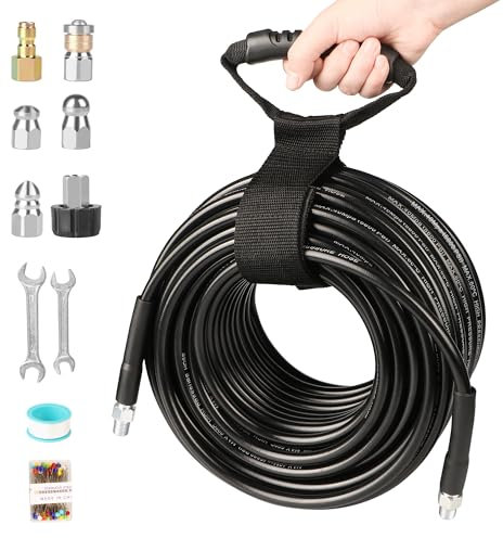 Pressure Washer Drain Jetter – Sewer Jetter Kit for Pressure Washer 150ft 1/4 Inch NPT Hose Nozzles and Adapter 5800PSI Clears Clogs in Pipes & Sewer Lines