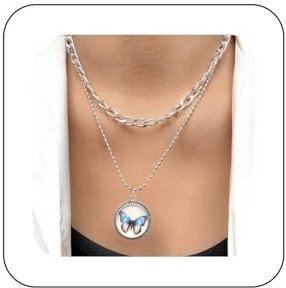 Xduargs Boho Geschichtet Schmetterling Münze Anhänger Halskette Silber Schmetterling Scheibe Kugelkette Halskette Vintage Schmetterling Klobige Kette Halskette Einstellbar Kubanischen Kandare Link
