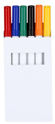 Lote de 25 cajas con 6 mini rotuladores en variados colores cada una. Especialmente indicados para pintar sobre cerámica (platos, tazas, etc). Medidas 7.8 x 14.1 x 1.4 cm. Para niños y adultos.