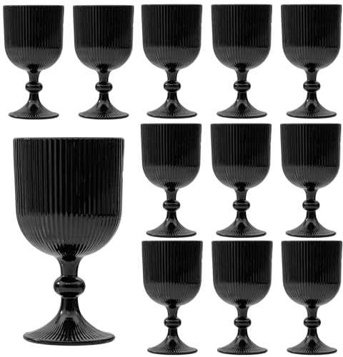 12 Pcs Black Vintage Wine Glasses, 11 Ounces Colored Glass Water Goblets, Unique Embossed Pattern High Clear Stemmed Glassware Wedding Party Bar Glass Drinking Cups Fancy Glasses Set Hand Wash Only