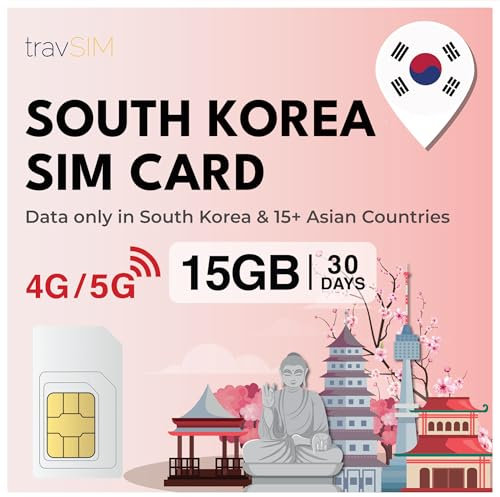 travSIM Carte SIM pour la Corée du Sud | 15GB de données Mobiles | Utiliser Les Applications voip pour Envoyer des Messages, Passer des appels | Carte SIM pour la Corée du Sud, valable 30 Jours.