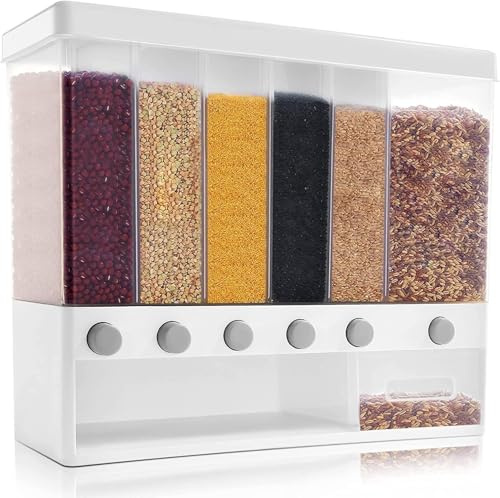 DHQCQL Müslispender 6 Gitter, Wandmontiert Cerealienspender, Müsli Aufbewahrung, Trockenfutterspende Set, Cornflakes Spender für Getreide Nüsse Trockenfutter Getreide, BIS 10 kg