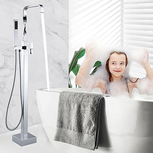 Freistehender, bodenmontierter Badewannenmischhahn mit Wasserfallauslauf und 360° schwenkbarer Dusche, Messingkonstruktion in Chrom-Finish für Moderne Badewannen (Chrom)