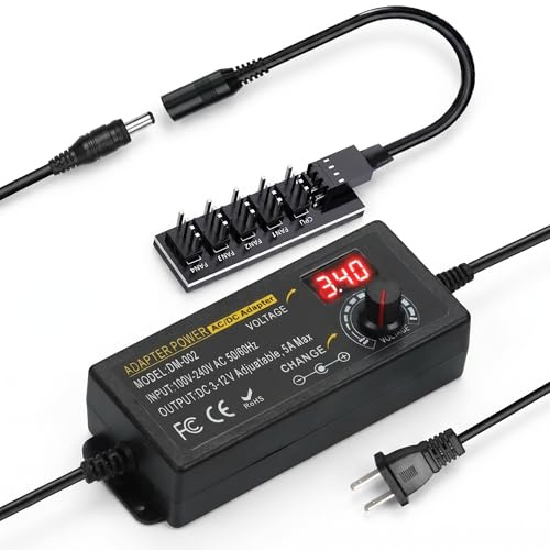 Delinx Upgrade 60W PC Fan Power Supply, 3-pin 4-Pin Computer Cooler Fans Speed Controller, 12V 5A 1 to 5 Way Splitter Fan Hub Power Supply Cable,100-240vAC to 3-12vDC Adjustable Fan Power Adapter