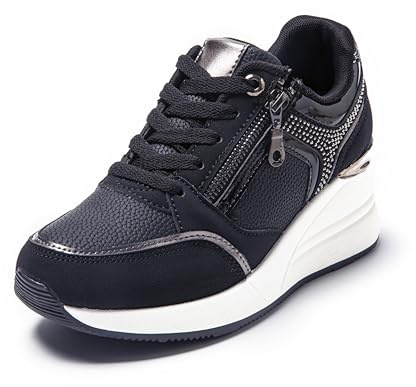 JOMIX Damen Sneaker mit Keilabsatz Mode Sportschuhe Bequeme Leder Freizeitschuhe Plateau Casual Schuhe (WSC255016, Schwarz, 38 EU)