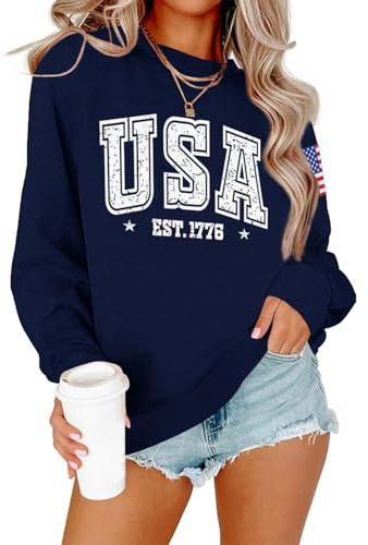 Lacozy Womens USA Sweatshirt Crewneck American Flag Sweater Long Sleeve 4th of july T shirts Loose Fit Pullover Tops Fall, #01 Navy, S