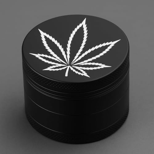 4-teiliger Grinder 5cm mit Gravur – Schwarz oder Silber – Kräutermühle mit Magnetdeckel & Pollensieb – Motivwahl oben – Präzise Verarbeitung, rutschfest, stilvolles Design (Schwarz - Blatt)