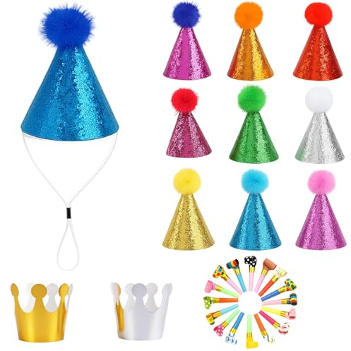 DvBCNMe 22 Stück Partyhüte Für Kuscheltiere, Mini Partyhüte Für Kuscheltiere Set Mit 2 Kronen,10 Hüten Und 10 Blasrohren, Ideal Für Kindergeburtstage Und Haustierfeiern