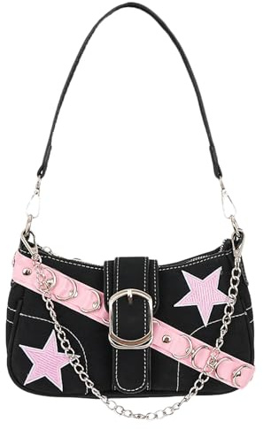 Aulenge Umhängetasche Damen Y2K Bag Handtasche Mädchen Mini Taschen Damen | PU-Material, mit Silberner Kette, mit Sternen-Nieten, Y2K Stil, Schultertasche für Party Arbeit Alltag