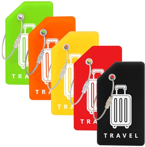 Teskyer 5 Silicone Luggage Tags for Suitcases - Durable, Noticeable, Soft, with Steel Loops, Luggage Labels with Name ID Card, Travel Accessories, Mixed Colors