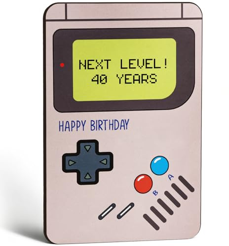 Giftota Geburtstagskarte 40 aus Holz mit Umschlag, Retro Gaming Design, lustige Karte zum 40. Geburtstag Mann oder Frau, Geschenk 40 Geburtstag für Gamer und Zocker