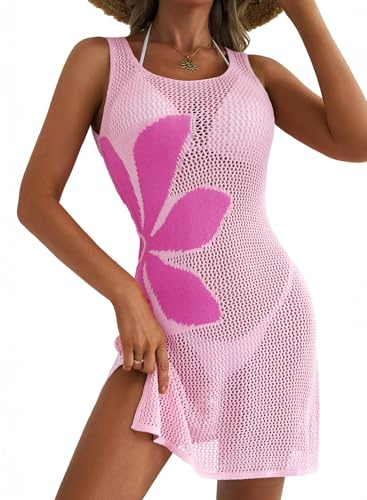Dokotoo Beach Coverups for Women Floral Women's Swim Cover-Ups Slim Fit Womens Beachwear Hollow Out Side Split Sleeveless Dresses Crochet Cover Ups Bathing Suit Ladies Bikini Cover Up S-XXL