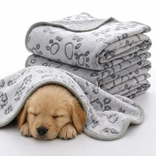 LeapSheep Hundedecke mit Pfotenmuster, 3 Stück, Größe S (60x40 cm), Weiche Fleece-Decke aus Polyester, Waschbar, Flauschige Kuscheldecke für Unterwegs, für Kleine Hunde & Katzen, Grau