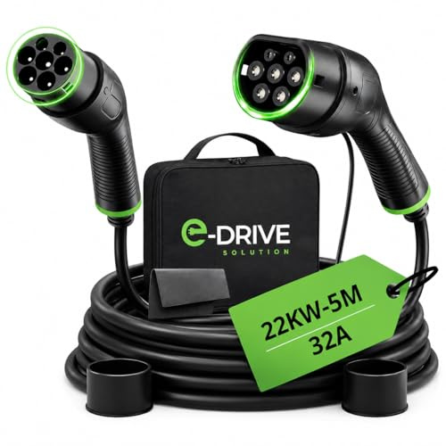 E-Drive Solution Câble Recharge & Chargeur Voiture Électrique Type 2 Hybride 7-11-22 KW 32A 5M, IP65 TÜV CE, Tesla Model 3/Y, Renault Zoé, Peugeot e-208 - Marque Française