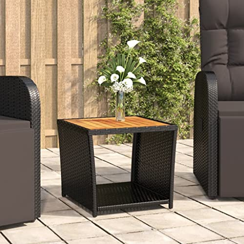 zylophax Beistelltisch mit Holzplatte Schwarz Poly Rattan wetterfest Gartentisch Outdoor Balkon Loungetisch Terrassentisch 45x45x40 cm Akazienholz Tisch für Terrasse Garten