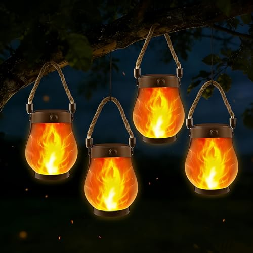 Facarler Solar Lichterkette Lampion Außen, 4er Set Solar Laternen mit Realistischem Flackerndem Flammeneffekt, IP65 Wasserdicht LED Solarlampen für Garten, Hof, Balkon, Terrasse, Wegbeleuchtung