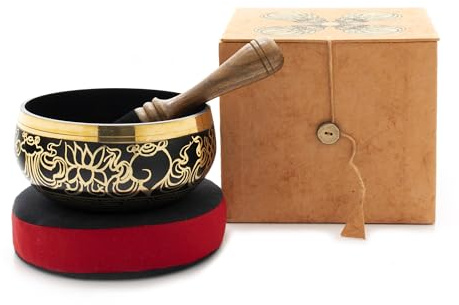Schwarze gegossene Klangschale in brauner Geschenkbox mit Doppeldorje-Aufdruck, inklusiv schwarz rotem Kissen sowie Holz-/Lederklöppel -5058-L-
