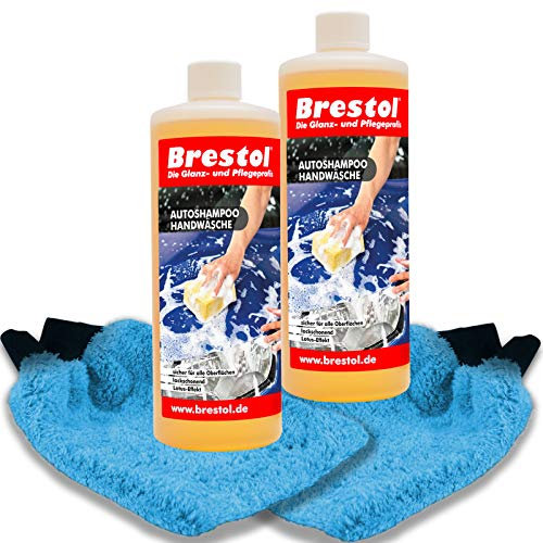 Brestol Autoshampoo SET2 2x 1000 ml Konzentrat + 2x Waschhandschuh - Autowäsche Abperleffekt geeignet für Foam Master Schaumsprüher Schaumsprühgerät oder manuelle Fahrzeugwäsche