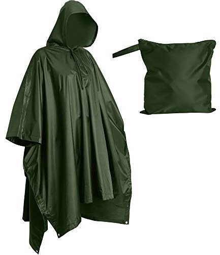 Lingito Heavy Duty Rain Poncho for Backpacking, Waterproof Lightweight for Adults, Military Poncho for Emergency Rain Poncho, Camping Men Women with Bag (Child-Green)