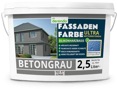 derendo Fassadenfarbe Grau ULTRA Silikonharzfarbe Betongrau aussen 2,5l | Für Putz Beton, Abperleffekt, wasserabweisend, UV-beständig, hohe Deckkraft, rissfüllend, diffusionsoffen, Made in Germany,