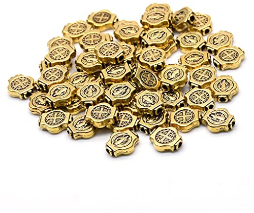 PHILSP 50 Stück altes Gold/antikes Silber, Heiliger Benedikt-Medaille, rund, lose Perlen, Schmuck, DIY, religiöser Schmuck, Zubehör, Gold