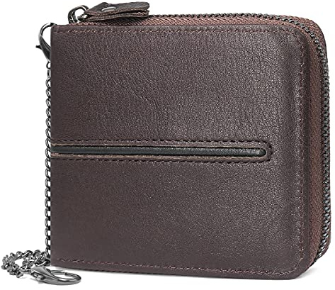 GOUNNU Portafoglio Uomo in Pelle,Portafogli Uomo Blocco RFID Portafoglio con Portamonete - 9 Porta Carte di Credito - 2 Porta Banconote - Finestra ID - Cerniera - Catena Lunga Rimovibile (Caffè)