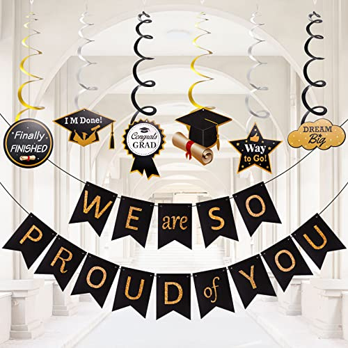 Dekewe Abschluss Deko Set 2022 - 34-teilige Dekorationen in Schwarz und Gold, Glückwunschbanner, Buchstabenfahnen, PVC-Pull-Blumen-Wimpelgirlande, Spiraldekoration