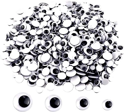 UPINS 500 Pcs Black Wiggle Googly Eyes with Self-Adhesive, 6mm 8mm 10 mm 12mm Mixed Packaging