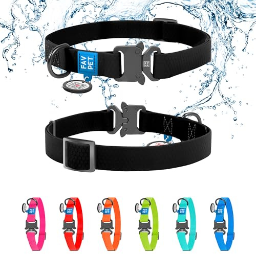 FAVPET Wasserdicht Biothane Halsband Hund Verstellbar, Bunte Hundehalsbänder mit Cobra Schnalle und QR Code Anhänger, Halsband Hund Grosse Hunde, Halsband Hund Klein, Welpen Halsbänder (Schwarz, XS)