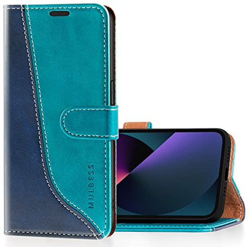 Mulbess für iPhone 14 / iPhone 13 Hülle, Handyülle Leder mit Kartenfach, Klapphülle mit Magnetverschluss, Flip Case Etui Handytasche Schutzhülle, Stilvoll Mint Blau