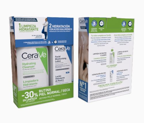 CeraVe Rutina Piel Normal/Seca, Limpiadora Hidratante 236ml y Loción Hidratante de Rostro con Ácido Hialurónico 52ml