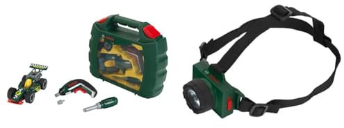 Werkzeugkoffer-Set Bosch Grand Prix mit Ixolino-Akkuschrauber & Kopflampe mit verstellbarem Kopfband I Batteriebetrieben I Stirnpad I Maße: 7 cm x 7 cm x 2 cm I Spielzeug für Kinder ab 3 Jahren