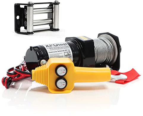 XPOtool Set Elektrische Seilwinde 907kg 12V, Seilzug mit 12,5m Stahlseil, 1PS Motorwinde u. Rollenfenster, Windenfenster mit 4 Rollen Lochabstand 109mm, Seilrollenfenster