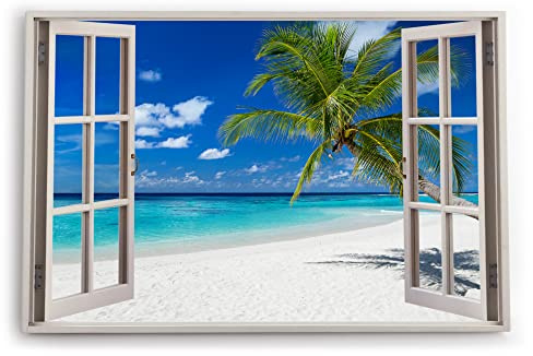 Paul Sinus Bilder Fensterblick 120x80cm Südseeparadies Palmen Strand Sonne Meer Türkis Kunstdruck Wanddeko Wand Wohnzimmer