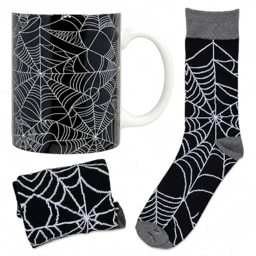 MIJOMA Halloween Tassen-Socken-Geschenkset – 300ml Keramiktasse & Motivsocken im Grusel-Design – Geschenkidee für Damen, Herren & Halloween-Fans (Spinnennetz)