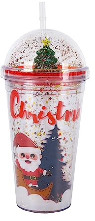 Weihnachts Wasserbecher 480ml Glitzernder Doppelwandiger Becher 3D Schneemann Weihnachtsbaum Weihnachtsmann Weihnachts Wasserflasche mit Deckel und Strohhalm Plastik Isolierter Becher Geschenke (C)