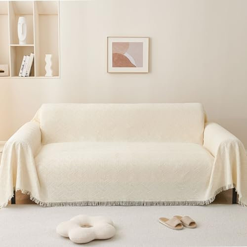 LHGOGO Sofaüberwurf Decke mit Fransen - 180x230cm Doppelseitig Überwurf Sofa 2 Sitzer Gewebtes Muster Decke als Tagesdecke, Sofa Überzug, Sofadecke - Creme
