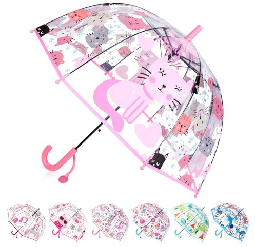 Wxjiahetai Kids Umbrella for Girls & Boys Toddler Childrens Clear Bubble Umbrella for Kids Small Durable Kids Umbrellas for Rain Outdoor(Clear Pink Cat)