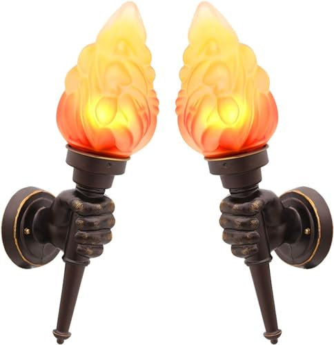 SHREALMS Juego de 2 Apliques de Pared Tipo antorcha | Apliques Vintage Iluminación de Pared con Pantalla de Lámpara de Vidrio Llama | Lámpara de Pared de Porche Granja Retro en Forma de puño (Marrón)